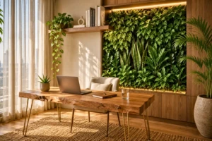 A dramatic wide-angle corporate office interior in a Dubai commercial tower, showcasing biophilic design at a professional scale.The office reception and main workspace is shot from the entrance perspective looking into the depth of the floor plate. The immediate first impression is dominated by a monumental green wall — spanning the full height of the reception wall (approximately 3.5 metres) and extending approximately 5 metres wide. The installation features an extraordinary variety of species creating a corporate-scale living artwork.The reception desk sits directly in front of the green wall — a custom piece in dark smoked oak with brushed gold lettering showing the company name. The contrast between the organic living wall and the precision joinery of the reception desk is a powerful design statement. Looking through the reception into the main workspace, large areca palms are positioned between workstations in architectural ceramic planters. Natural timber screens divide collaboration zones. The ceiling incorporates biophilic lighting — a system of warm, organic-shaped light fixtures that mimic the dappled light of a forest canopy. Through the floor-to-ceiling office windows, the Dubai skyline provides the dramatic backdrop — a powerful visual that communicates the juxtaposition of urban power and natural grounding. Colour palette: Monumental living green wall, dark smoked oak reception desk, brushed gold company name lettering, warm timber screens, architectural ceramic planters, warm forest canopy lighting, Dubai skyline through glass Mood: Corporate leadership, employee wellbeing investment, the biophilic office of tomorrow Style: Wide-angle corporate architectural photography
