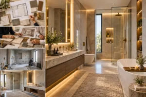 Bathroom design and build process from concept planning to completed luxury interior.