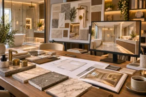 Bathroom designer reviewing layout, materials and visualisation before project approval.