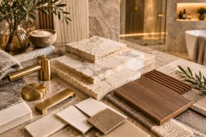 Premium tiles, stone, cabinetry and fixture finishes for a durable bathroom design.