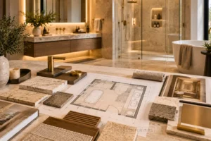 Professional planning with bathroom layout and material selections for a renovation project.