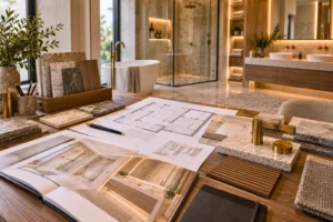 Bathroom renovation planning with materials, fixtures and detailed project documentation.