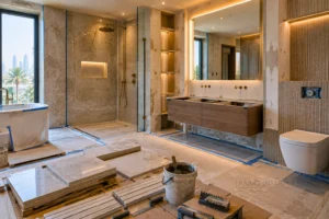 Professionally managed bathroom renovation with organized installation and premium materials.