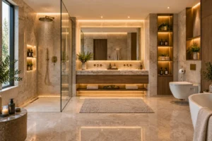 Well-planned bathroom layout with functional wet and dry zones and practical storage.