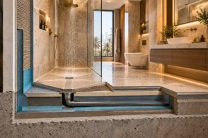 Bathroom construction detail showing waterproofing and drainage beneath finished floor surfaces.