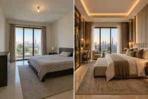 Before and after transformation of a bedroom by a professional interior design company.