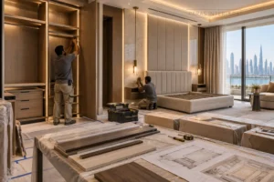 Professional installation of bespoke bedroom furniture and joinery.