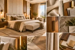 Premium bedroom materials including wood, stone, upholstery, and luxury fabrics.