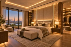Layered bedroom lighting with bedside, ambient, accent, and wardrobe illumination.