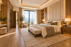 Well-planned luxury bedroom with integrated storage and comfortable circulation.