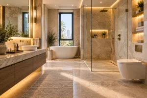 Completed luxury bathroom with high-quality finishes ready for final handover.