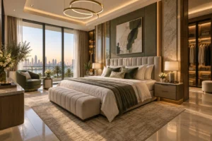 Completed luxury bedroom with bespoke furniture, styling, and premium finishes.