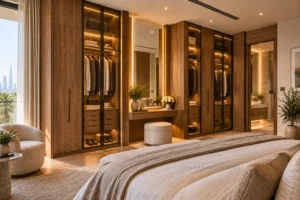 Bespoke floor-to-ceiling bedroom wardrobes with integrated lighting and custom joinery.