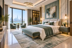 Luxury master bedroom interior with bespoke furniture and premium finishes in Dubai.