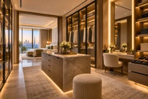 Custom luxury walk-in wardrobe and dressing area connected to a Dubai master bedroom.