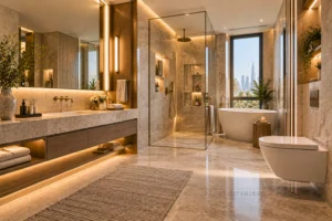Luxury bathroom demonstrating coordinated professional design and fit-out.