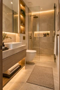 Compact luxury bathroom with efficient storage and intelligent space planning.
