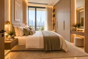 Compact Dubai bedroom with intelligent storage and space-saving interior design.